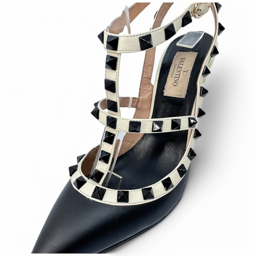 Valentino Rockstud Ankle Strap 100mm Pumps 36.5 Black Light Ivory Leather - Picture 9 of 14